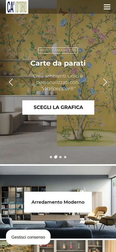 La prima schermata della home di oggi sul telefono, dopo aver chiuso il banner dei cookie: il cursore sulla slide delle carte da parati Wallpepper 2025 e, sotto, la tessera «Arredamento Moderno»